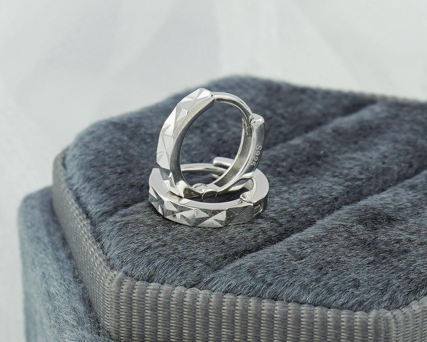 Pair of Minimalist Diamond Cut Huggie Hoop Earrings in Sterling Silver or 18ct Gold Plated, Simple Faceted Jewelry