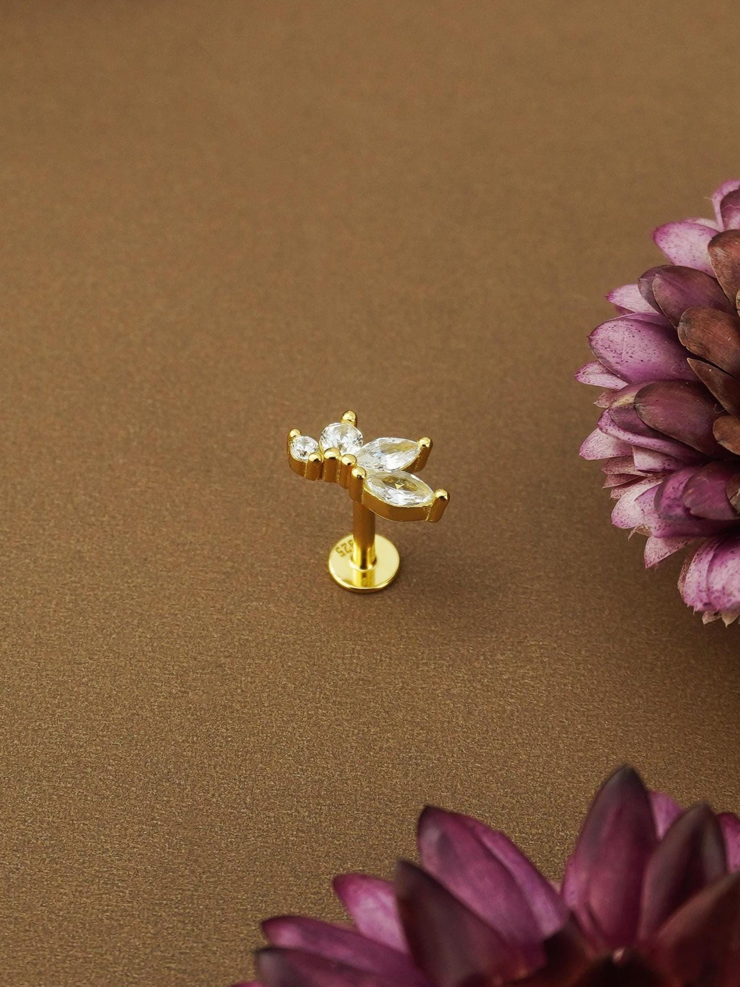 1 pc of CZ / Fire Opal Stud Earring in Gold Plated over Sterling Silver, Tiny Baguette / Marquise / Moon Design, 6mm or 8mm Post