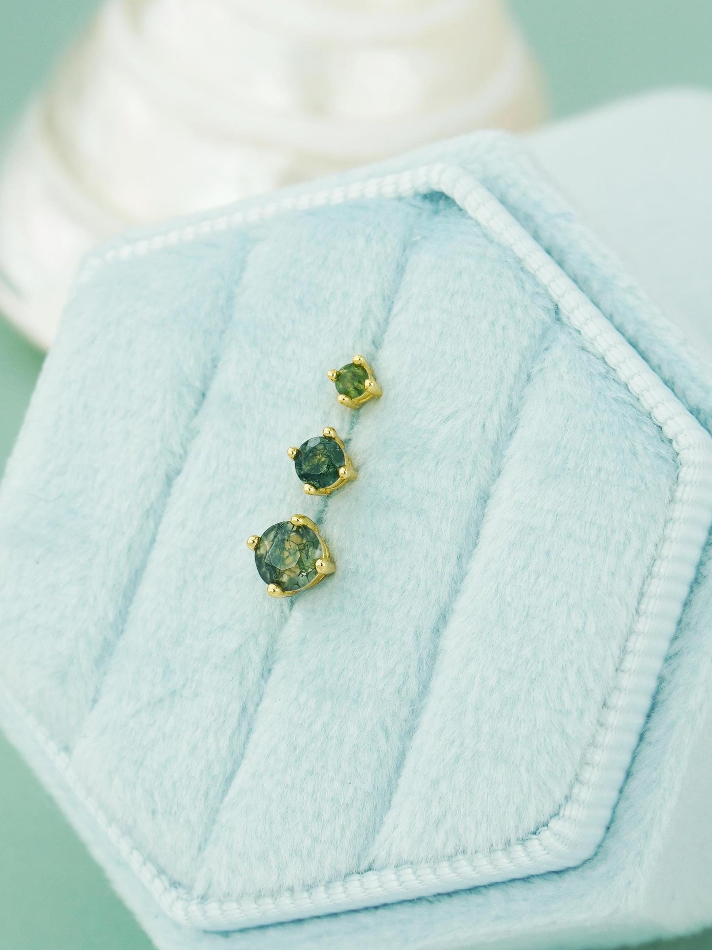 1 pc of Natural Green Moss Agate 4 Prong Solitaire Stud Earring in Gold Plated over Sterling Silver, Cartilage Helix Lobe Piercing