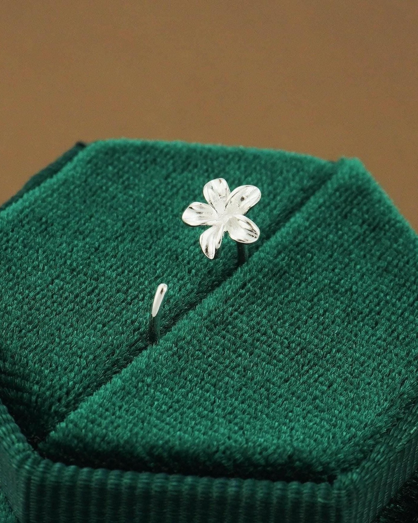 Pair of Plumeria Flower Open Hoop Threader Earrings in Sterling Silver