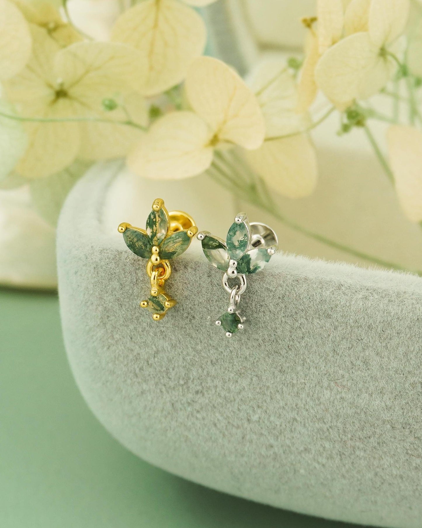 1 pc of Natural Green Moss Agate Flat Back Stud Earring in Sterling Silver/ Plated Gold