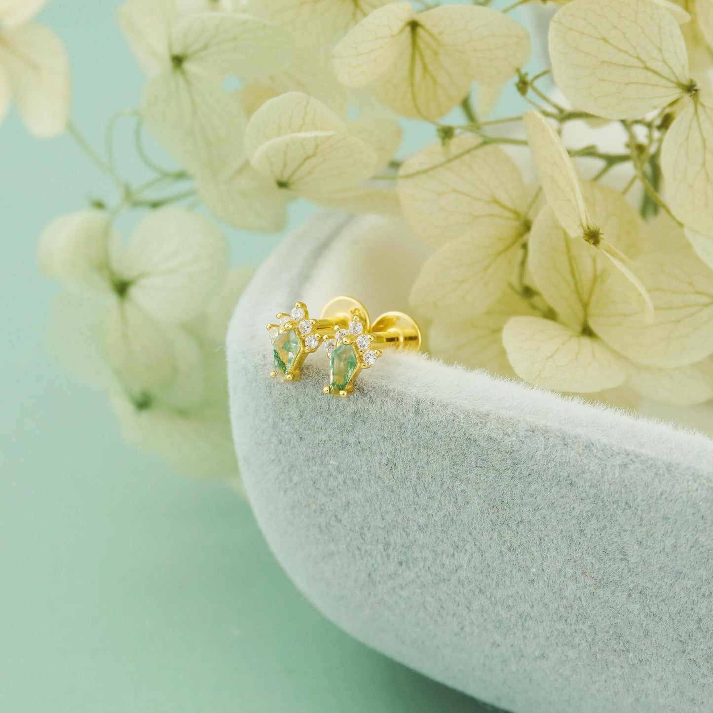 1 pc of Natural Green Moss Agate Kite Shape Flat Back Stud Earring in Sterling Silver or Plated Gold, Dainty CZ Helix Tragus Cartilage Piercing Jewelry