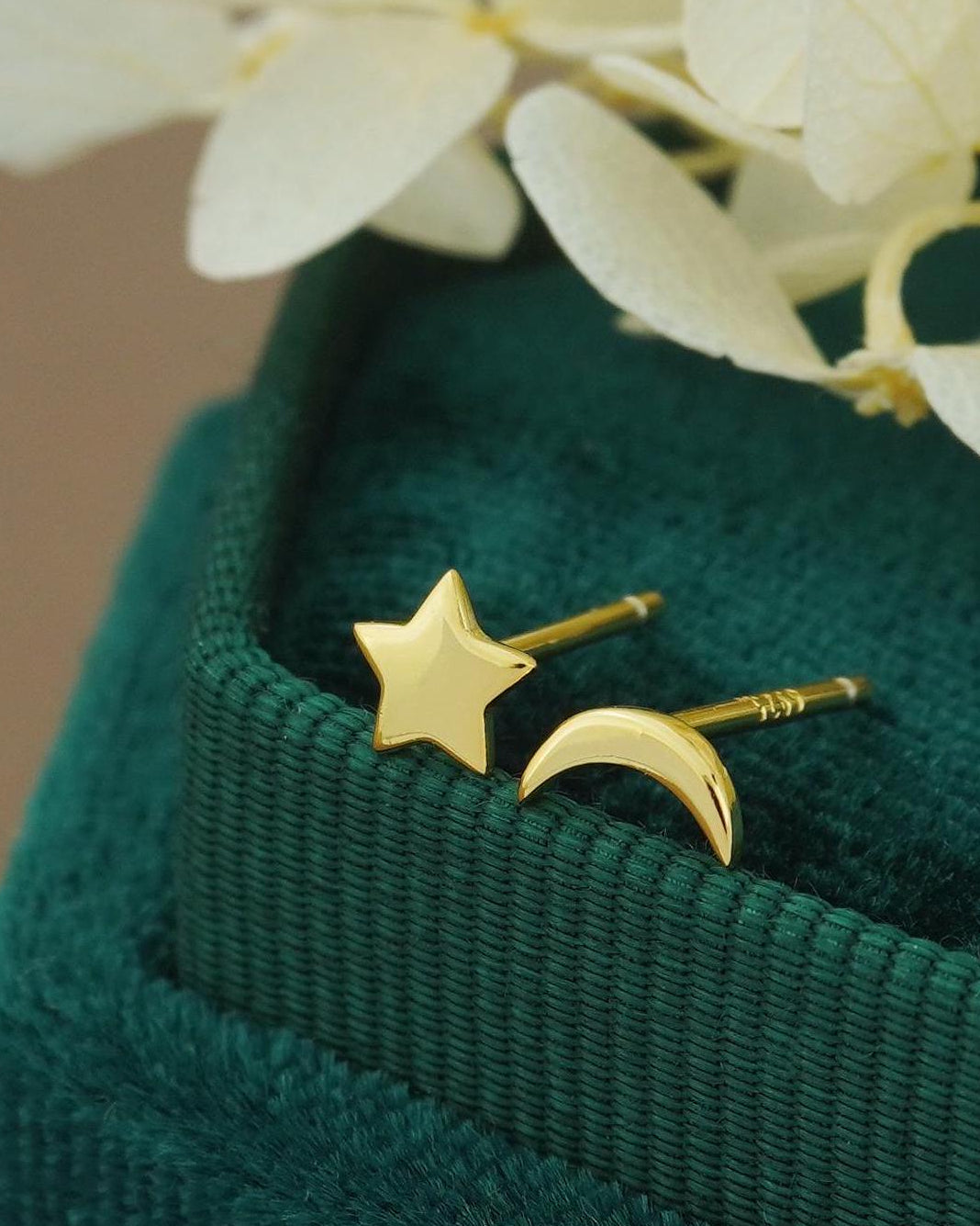 Pair of Sterling Silver Tiny Crescent Moon & Star Stud Earrings in Rhodium or 18ct Gold Plated, Mismatched Asymmetric Design