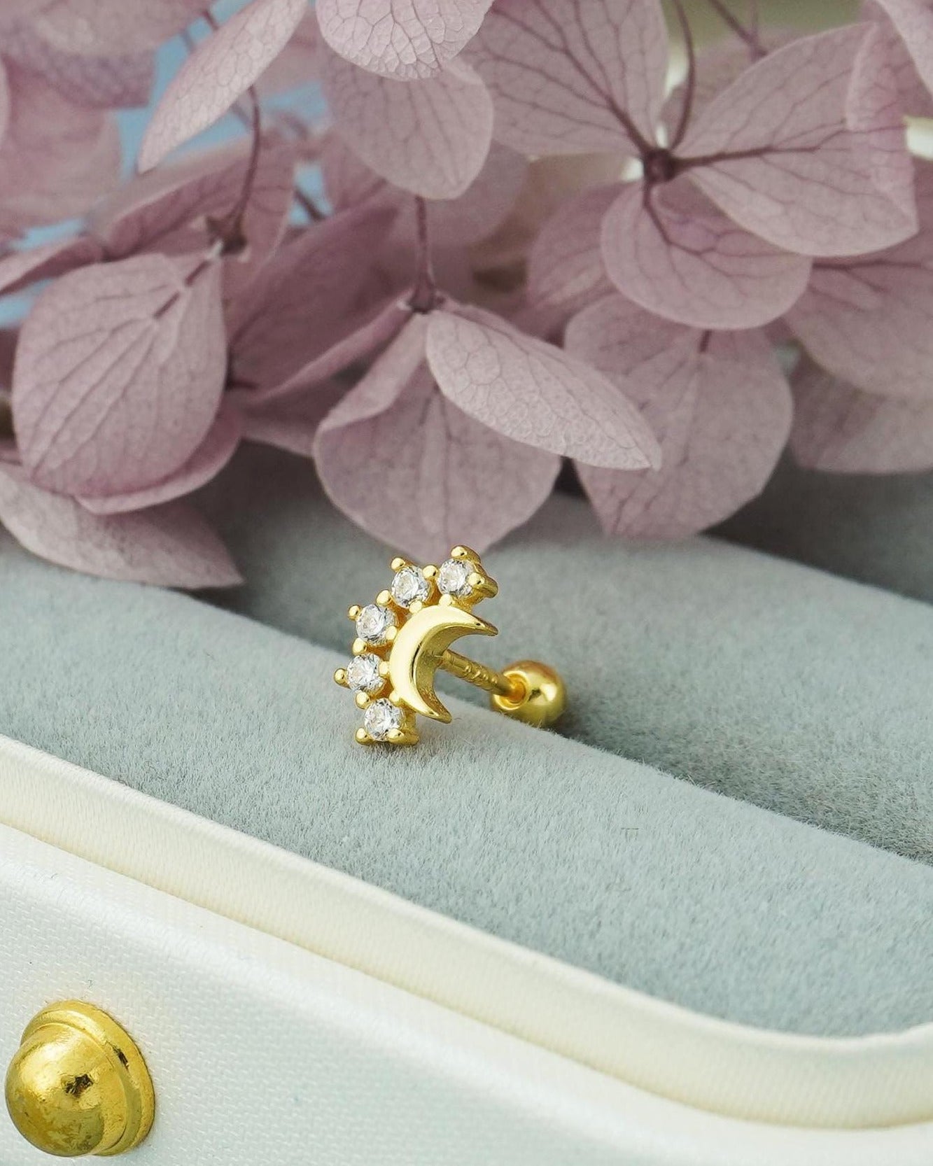 1 pc of CZ Moon Crown Stud Earring with Ball Screw Back, 18ct Gold Plated over Sterling Silver