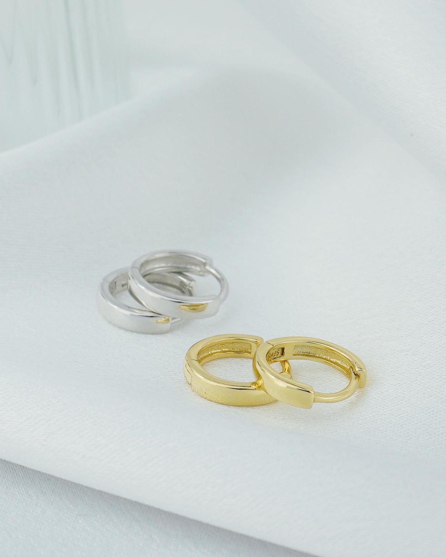 Pair of Round Edged Huggie Hoop Earrings in Sterling Silver or 18ct Gold Plated