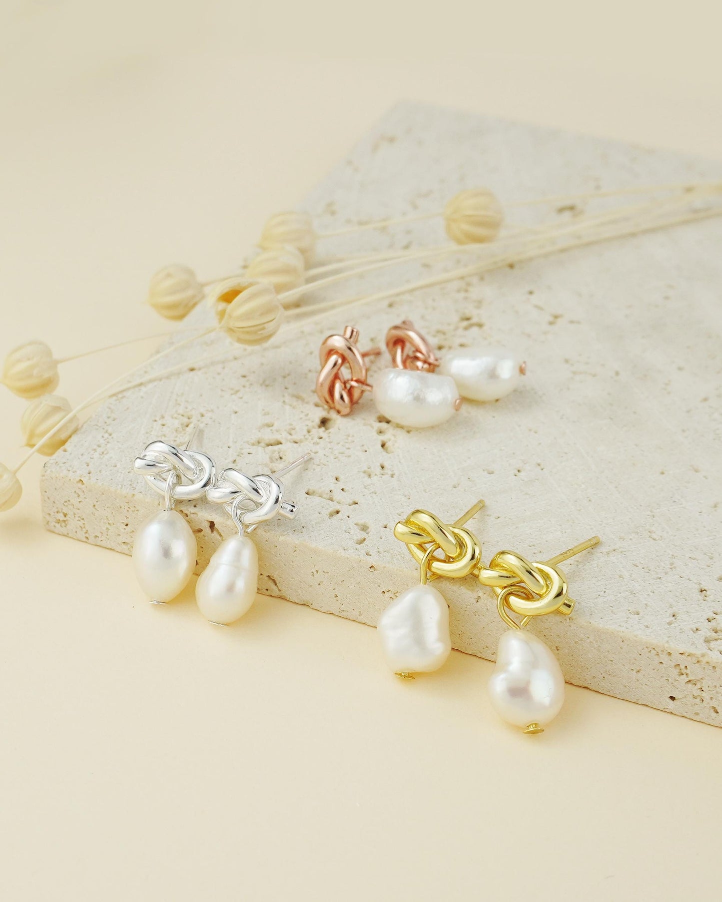 Pair of Natural Freshwater Baroque Pearl Stud Earrings in Sterling Silver, Rose or 18ct Gold Plated, Love Knot Wedding Bridesmaid Gift