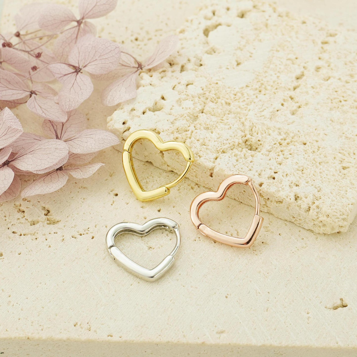 Pair of Minimal Love Heart Huggie Hoop Earrings in Brass Plated with Rhodium, Gold, Rose Gold