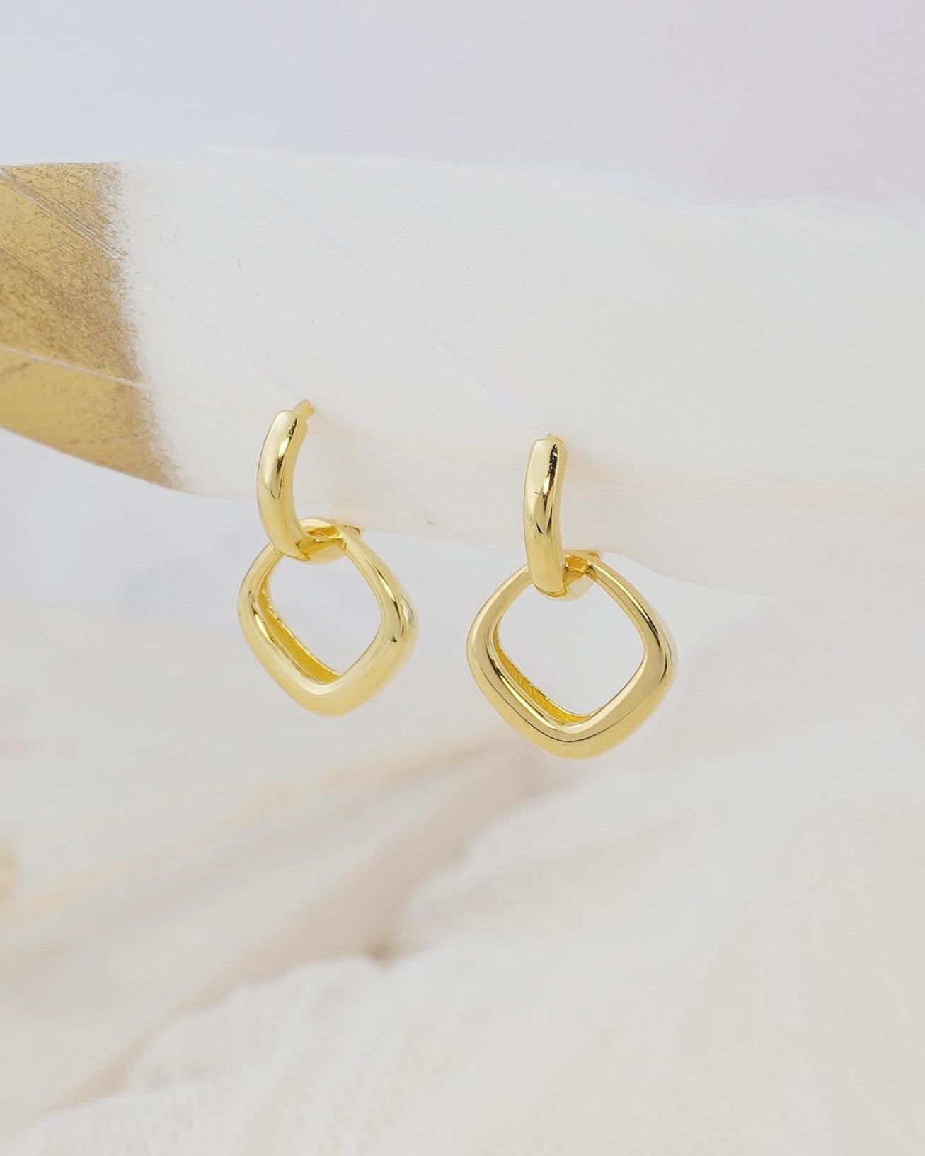 Pair of Minimal Double Hoop Huggie Earrings in Sterling Silver or Plated Gold, Dangly Linked Square Design