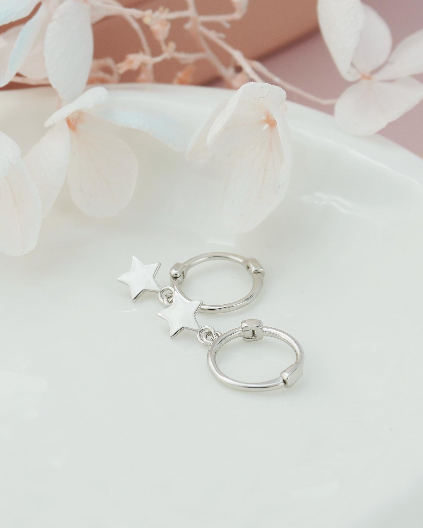 Pair of Tiny Sterling Silver Dangly Star Huggie Hoop Earrings in Rhodium, Gold or Rose Gold Plated, Dainty Stacking Jewelry