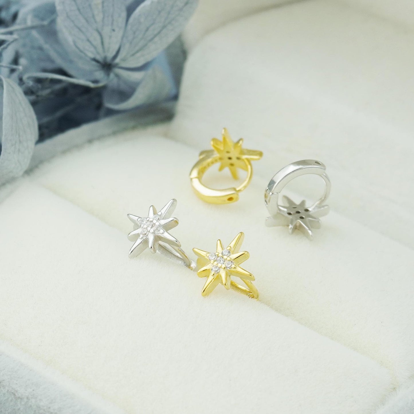 Pair of Tiny Starburst Huggie Hoop Earrings in Sterling Silver or Plated Gold, Sunburst CZ Crystal Cartilage Piercing