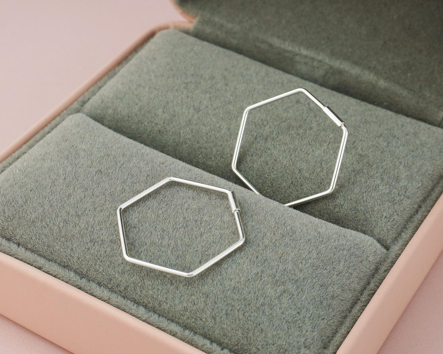 Pair of Hexagon Hoop Earrings in Sterling Silver, Minimal Lightweight Geometric Hexagonal Jewelry