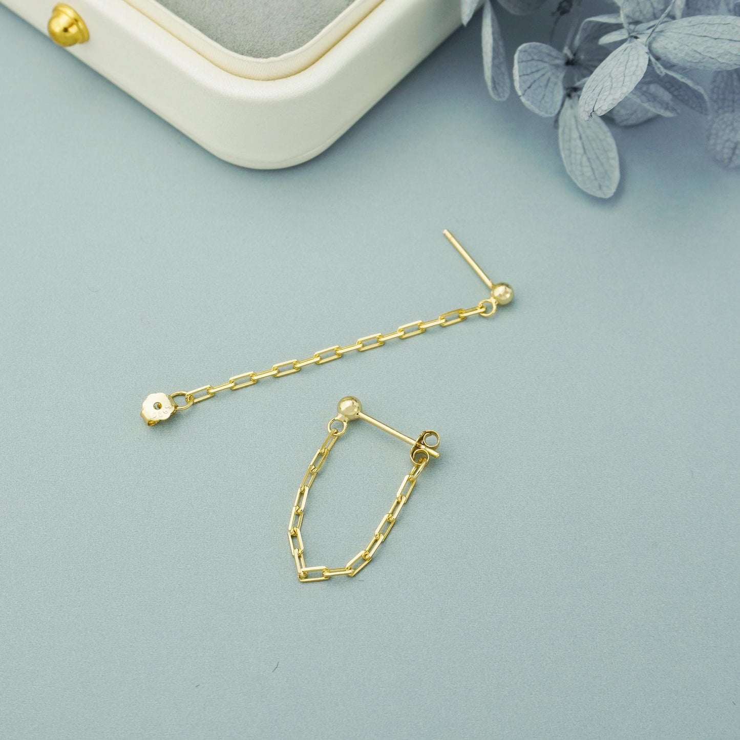 Pair of Paperclip Chain Stud Earrings in Sterling Silver or 18ct Gold Plated, Tiny Front & Back Ear Jacket