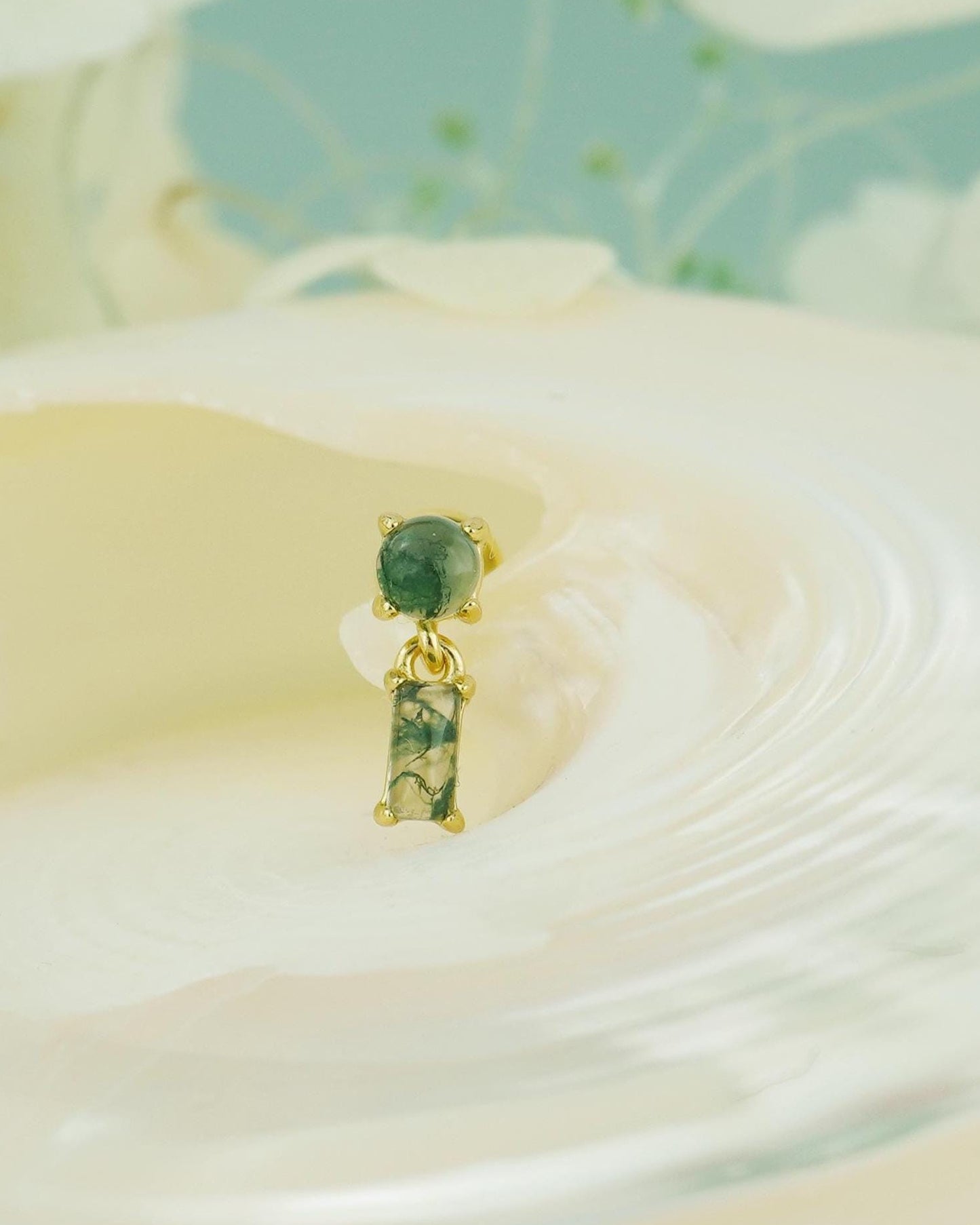 1 pc of Natural Green Moss Agate Cabochon and Dangly Baguette Stud Earring, Gold Plated over Sterling Silver