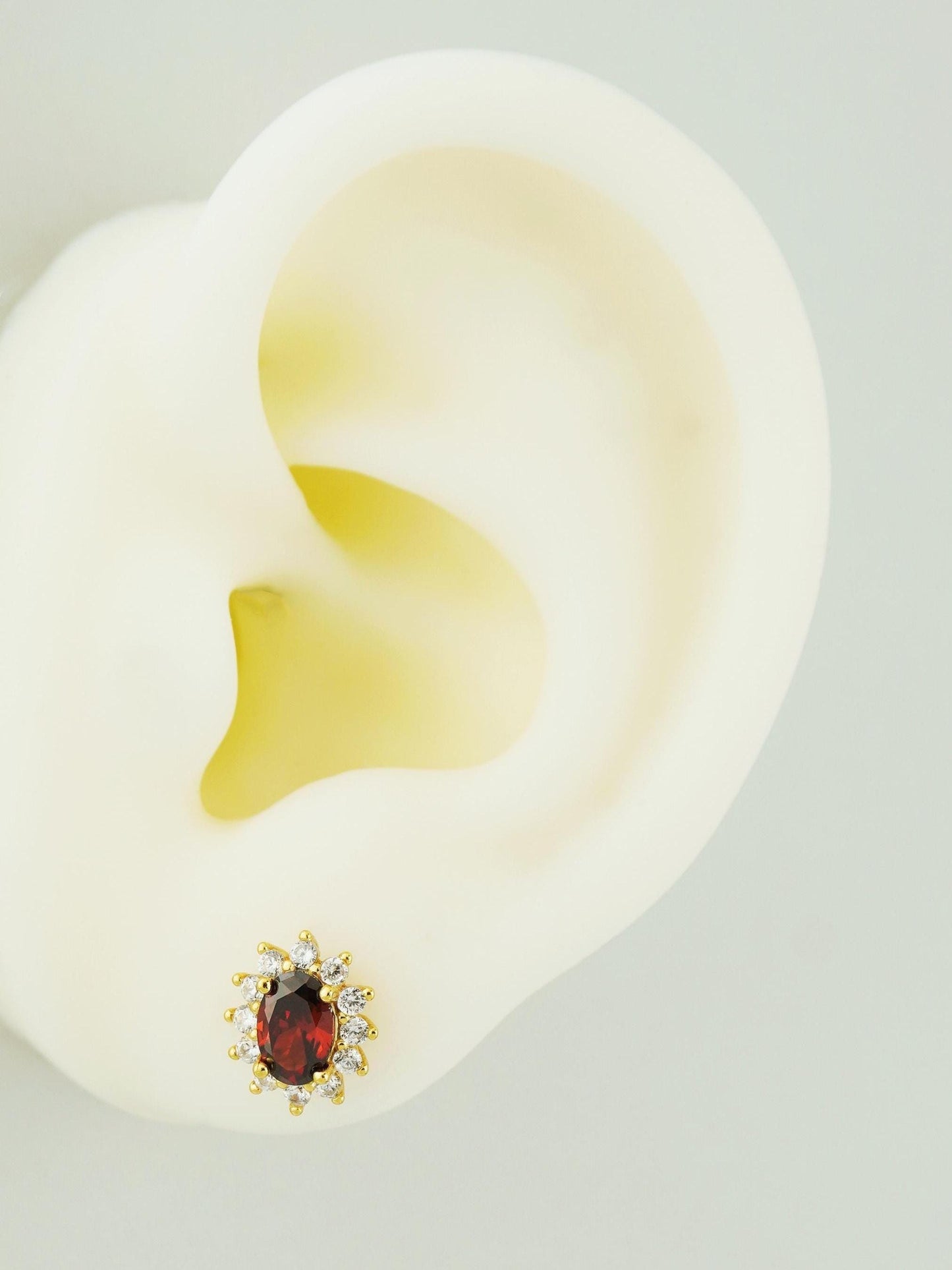 Pair of Halo Oval Red CZ Stud Earrings in 18ct Gold Plated or Sterling Silver