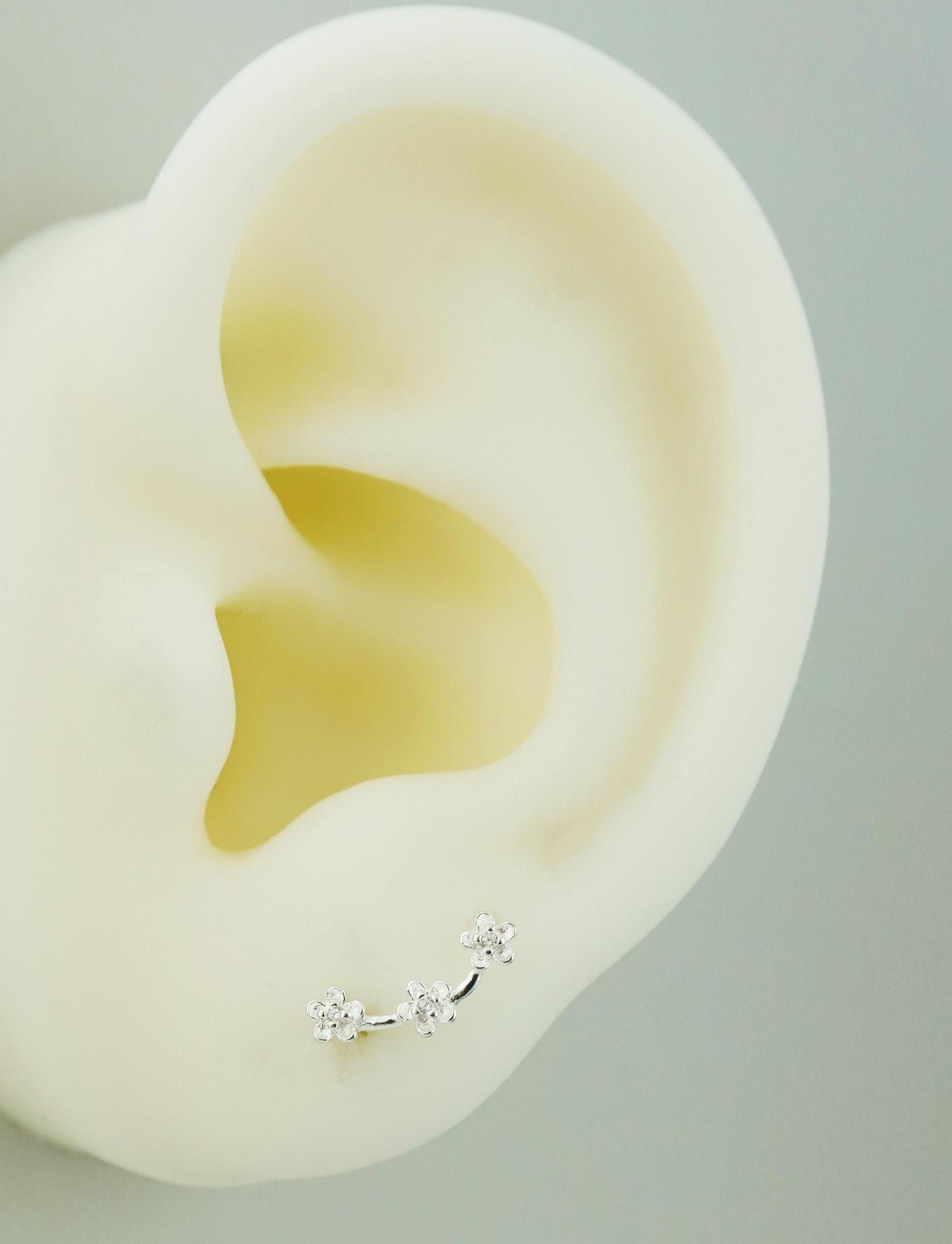 Pair of Tiny Trio Flower Climber Stud Earrings in Sterling Silver with Mini CZ Crystals