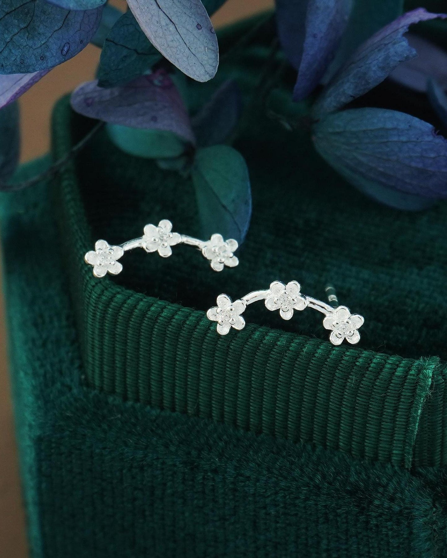 Pair of Tiny Trio Flower Climber Stud Earrings in Sterling Silver with Mini CZ Crystals