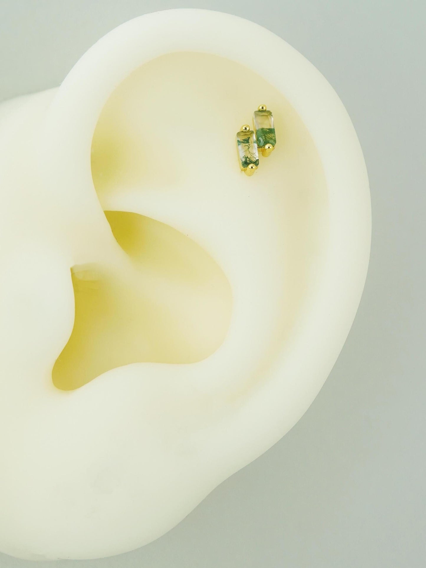 1 pc of Natural Green Moss Agate Double Baguette Stud Earring in Gold Plated over Sterling Silver, Cartilage Helix Lobe Piercing