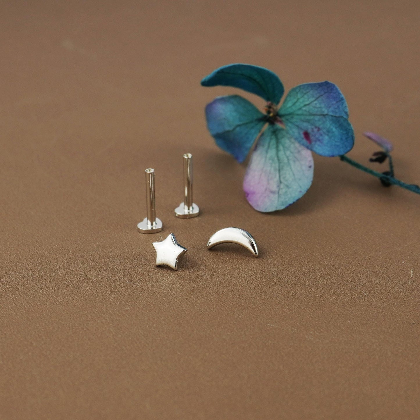 Pair of Sterling Silver Tiny Crescent Moon & Star Stud Earrings in Silver or Plated Gold