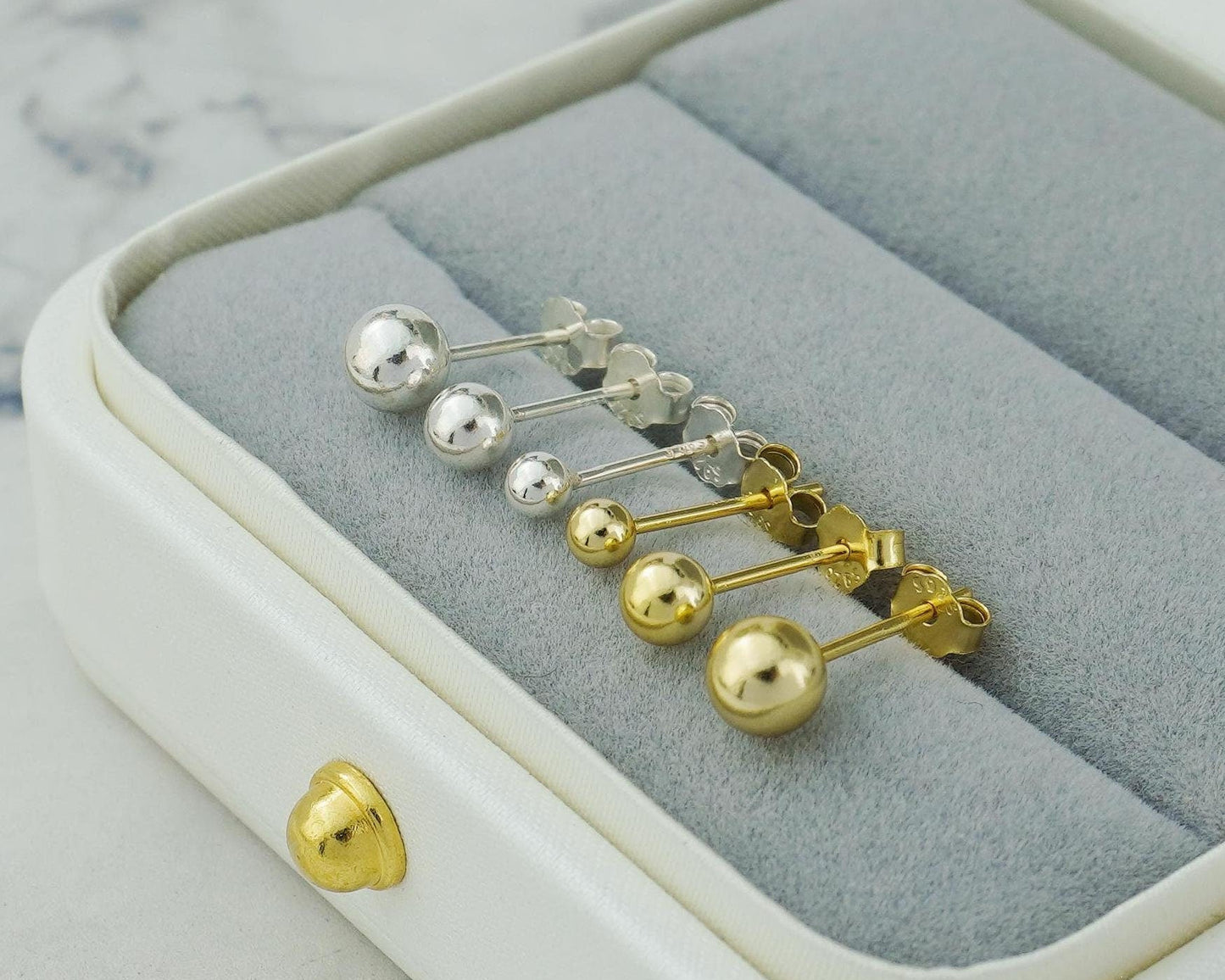 Pair of Little Ball Stud Earrings, 3/4/5mm Round Sphere in Sterling Silver or 14ct Plated Gold