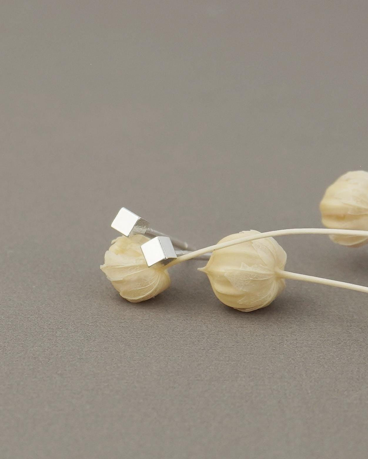 Pair of Tiny 2mm Square Cube Stud Earrings in Sterling Silver or 14ct Gold Plated