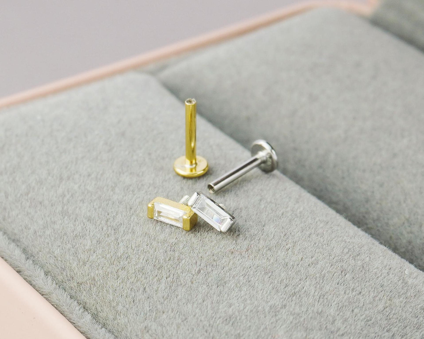 1 pc of Tiny Baguette CZ Stone Sterling Silver Stud Earring in Rhodium or 18ct Gold Plated