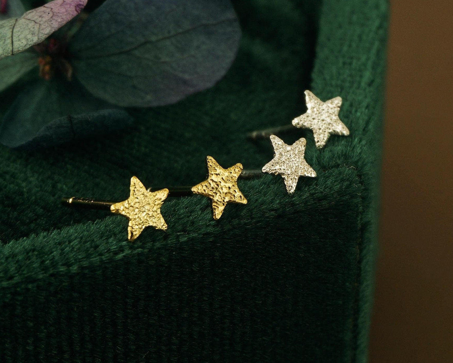 Pair of VERY TINY Frosted Star Stud Earrings in Sterling Silver or 14ct Gold Plated