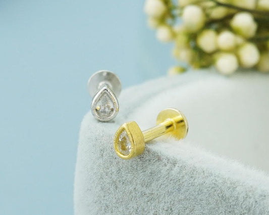 1 pc of Tiny Teardrop Bezel CZ Sterling Silver Stud Earring in Rhodium or 18ct Gold Plated, 16 Gauge 6mm or 8mm Post
