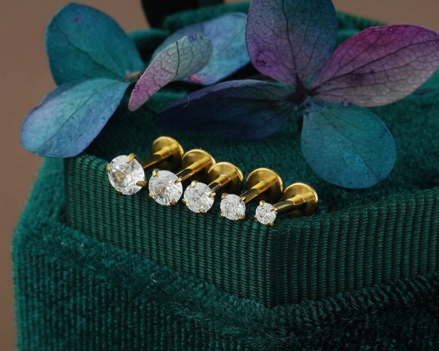 1 pc of Tiny Stainless Steel Push Pin CZ Crystal Stud Earring in Steel or Golden Finish, 5 Sizes Brilliant Round Gem