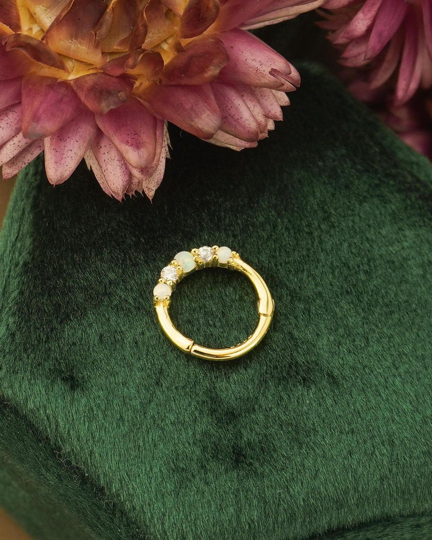 1 pc of 18G Hinged Opal & CZ Stone Daith Earring Hoop in 18ct Gold Plated over Sterling Silver, Helix Cartilage Clicker