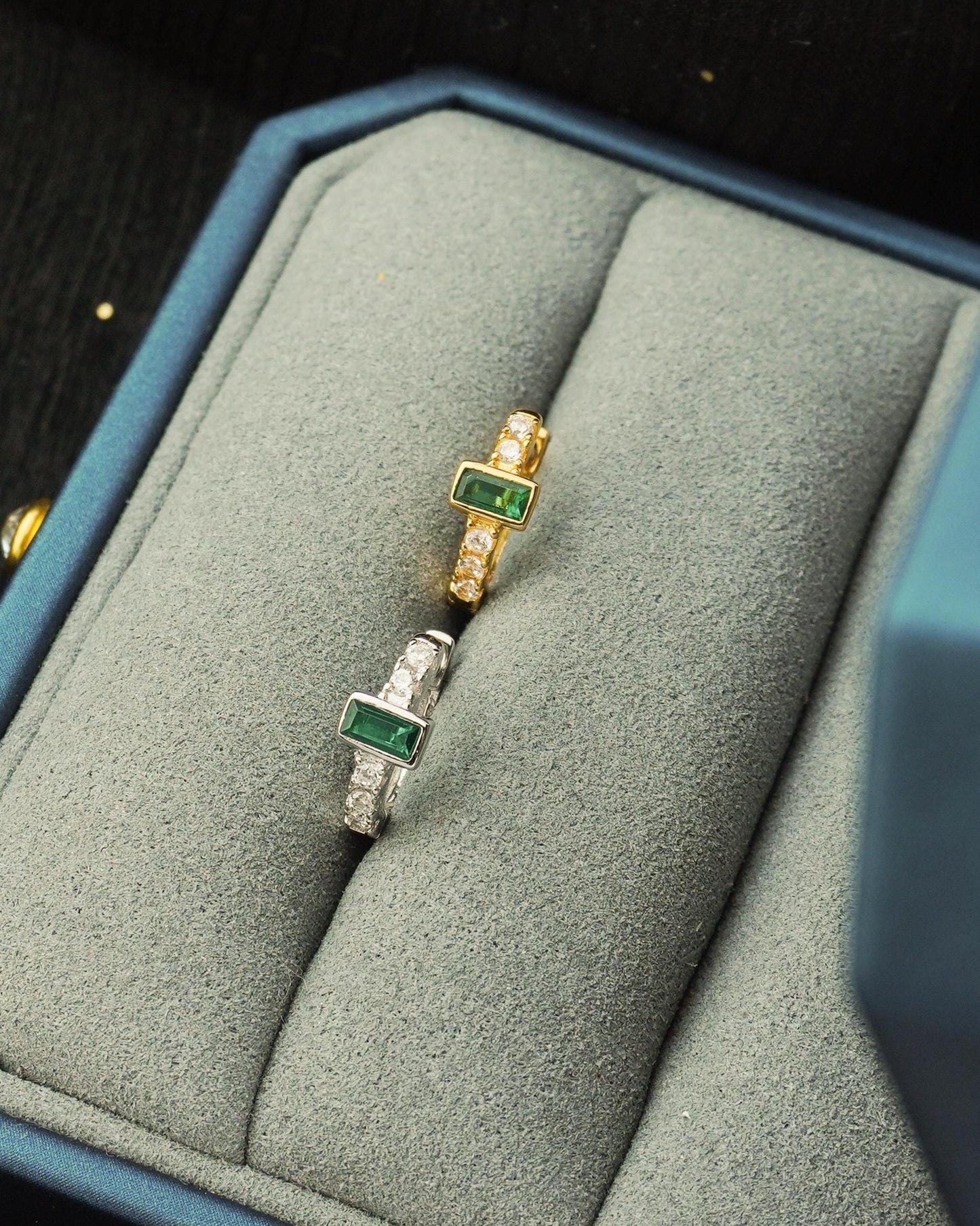 Pair of Emerald Green Baguette CZ Huggie Hoop Earrings in Sterling Silver or Plated Gold, Rectangular Crystal Gem Paved Loop Earlobe Jewelry