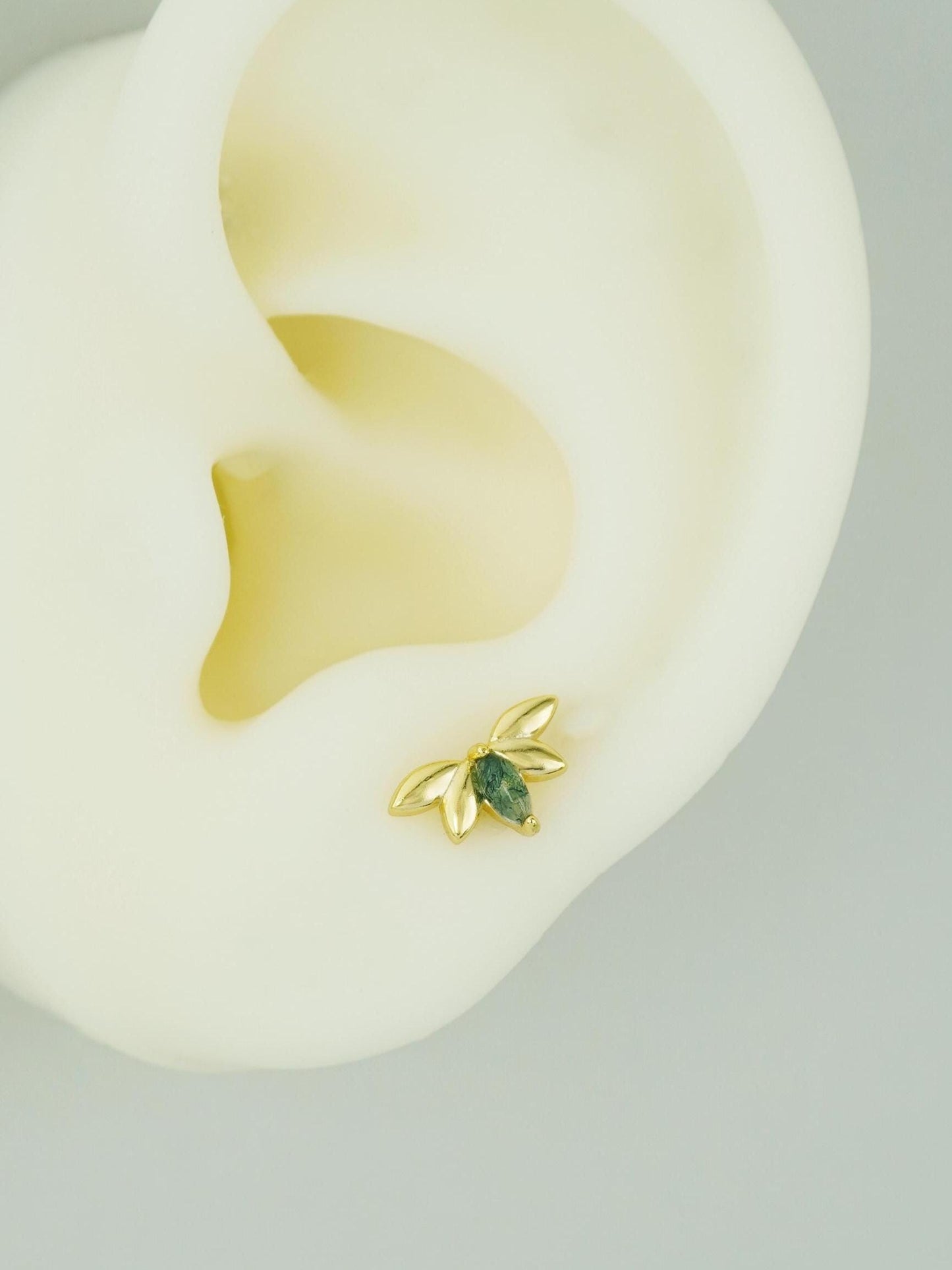 1 pc of Natural Green Moss Agate Marquise Crown Flat Back Stud Earring, Gold Plated over Sterling Silver