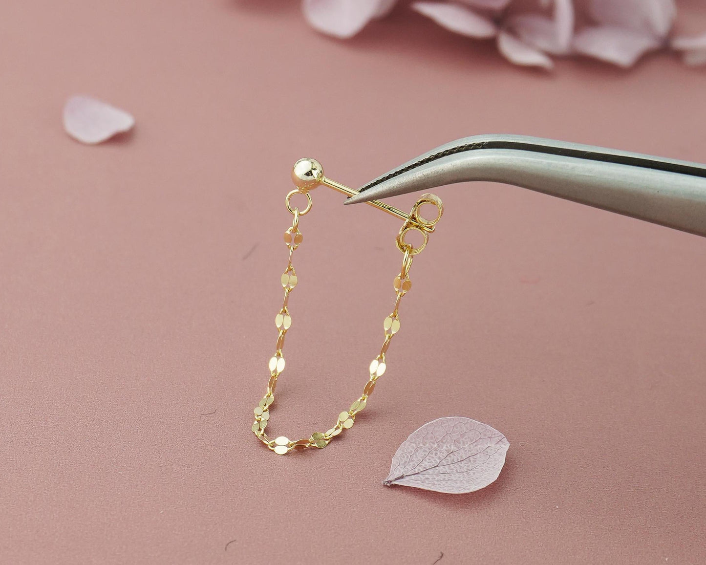 Pair of Flat Sequin Lace Chain Stud Earrings in 18ct Gold Plated over Sterling Silver, Front & Back Minimal Lip Chain Ear Jacket