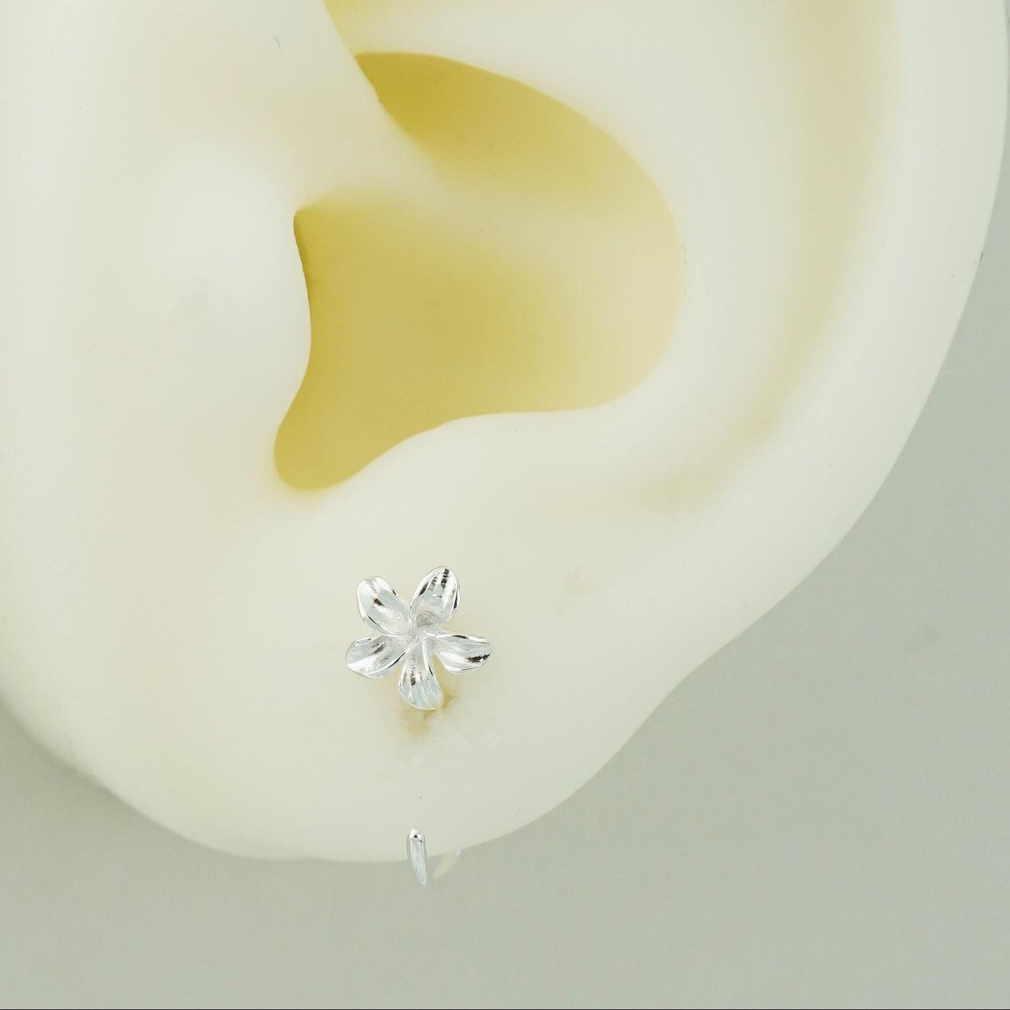 Pair of Plumeria Flower Open Hoop Threader Earrings in Sterling Silver