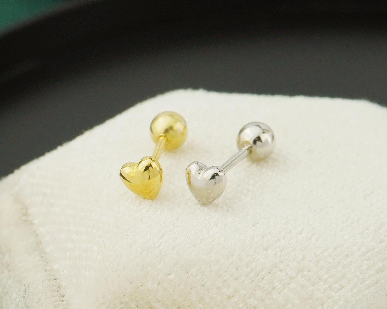 Pair of Tiny Love Heart Stud Earrings in Sterling Silver or 18ct Gold Plated, Sleep-in Ball Screw Back, Dainty Stacking 3/4/5mm Jewelry