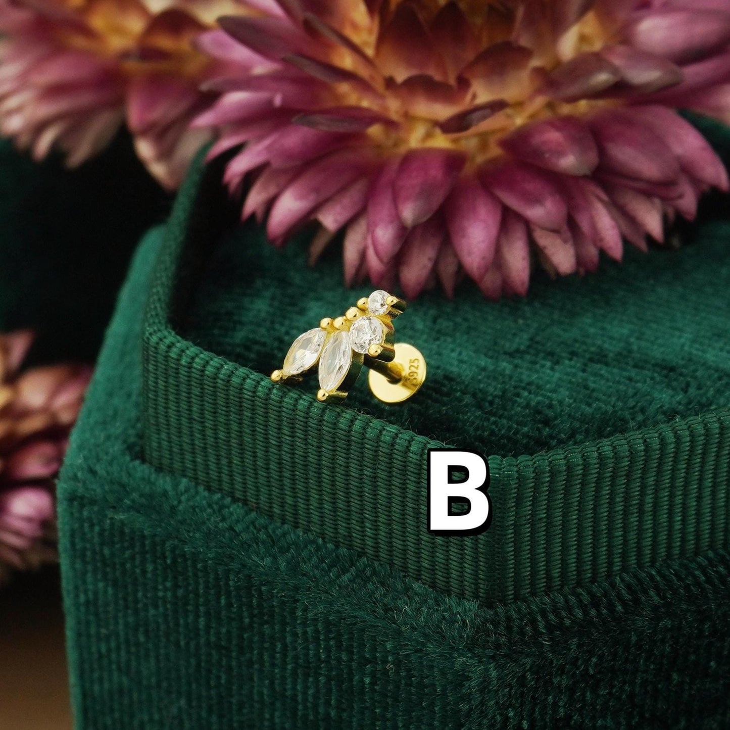 1 pc of CZ / Fire Opal Stud Earring in Gold Plated over Sterling Silver, Tiny Baguette / Marquise / Moon Design, 6mm or 8mm Post