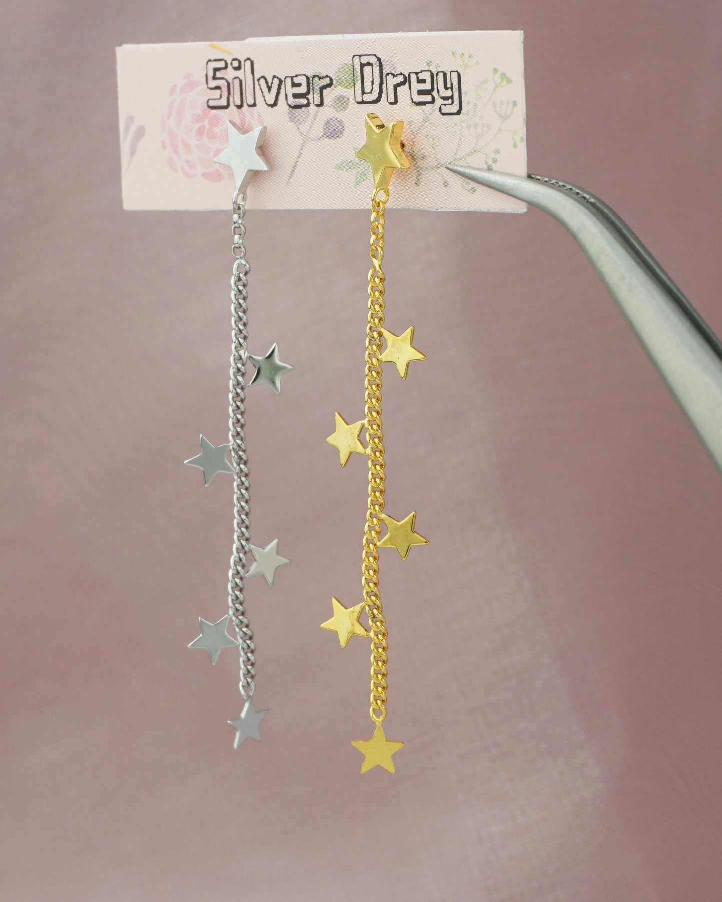 1 pc of 6 Mini Star Stud Earring in Sterling Silver or Plated Gold, Dangly Celestial Charm on Curb Chain