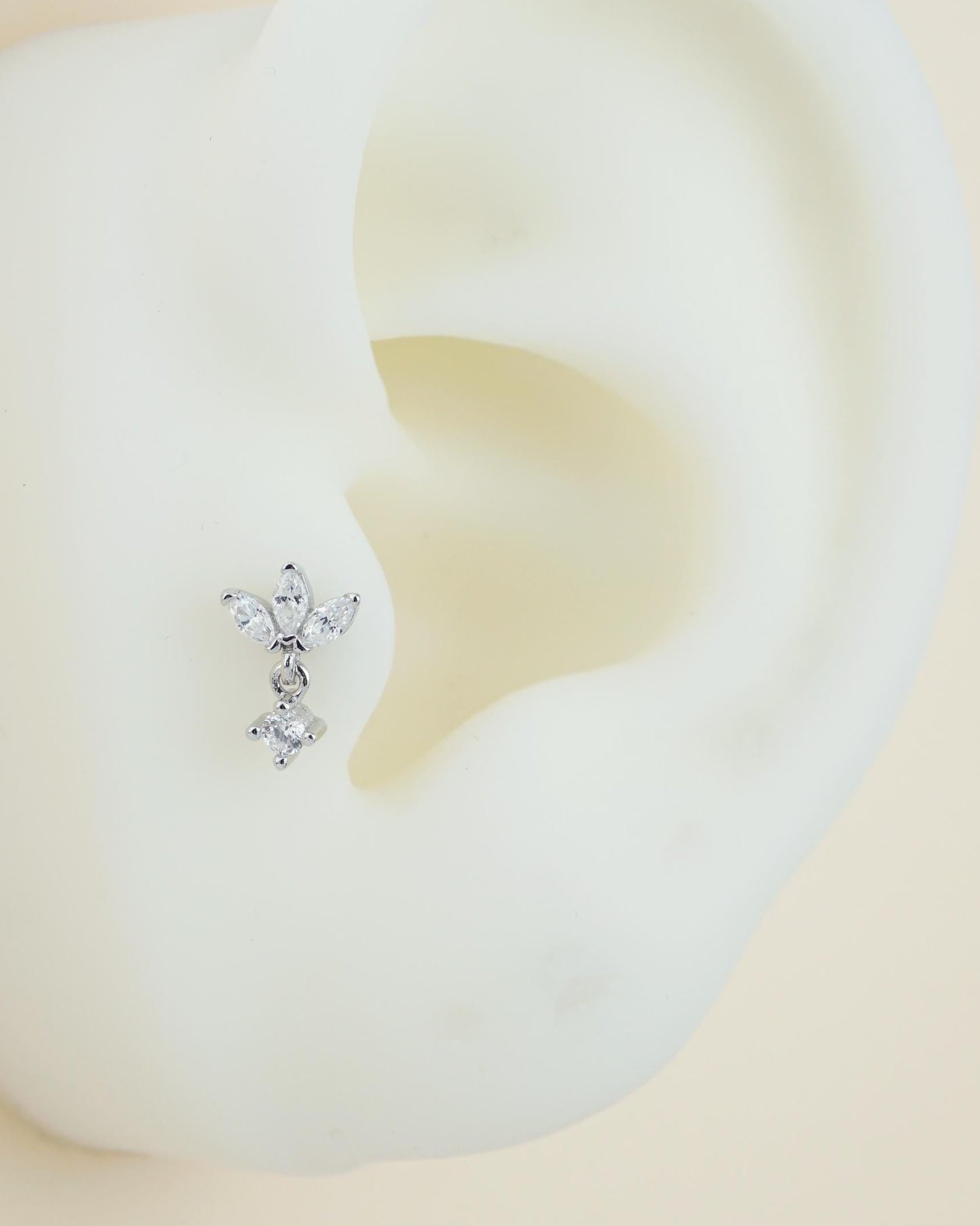 Pair of Trio Marquise CZ Sterling Silver Stud Earrings in Rhodium or Gold Plated, 3 Gem Cluster with Dangly Drop, Screw Ball Back