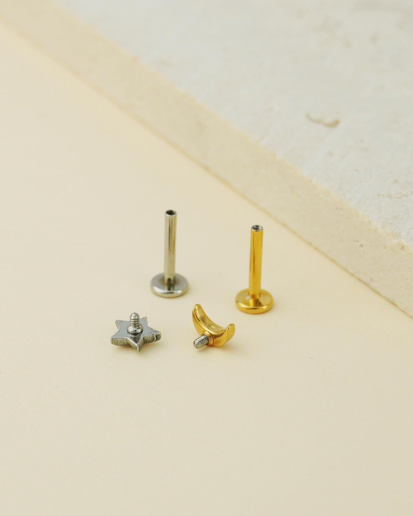 Pair of Mismatched Stainless Steel Star & Crescent Moon Stud Earrings in Steel or Golden, Flat Screw Back, 16G 6mm or 8mm post