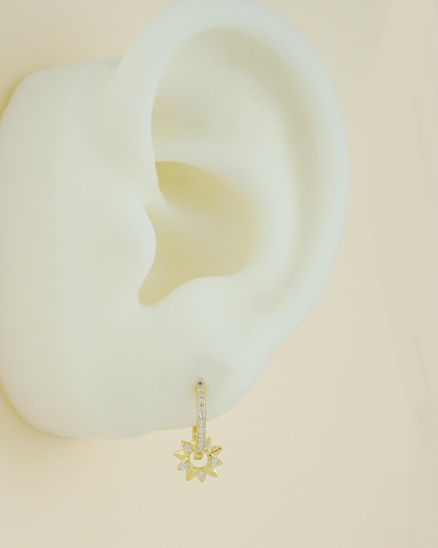 Pair of Sun Huggie Hoop Earrings in 925 Sterling Silver or Plated Gold, Sunburst Charm, CZ Paved Loop