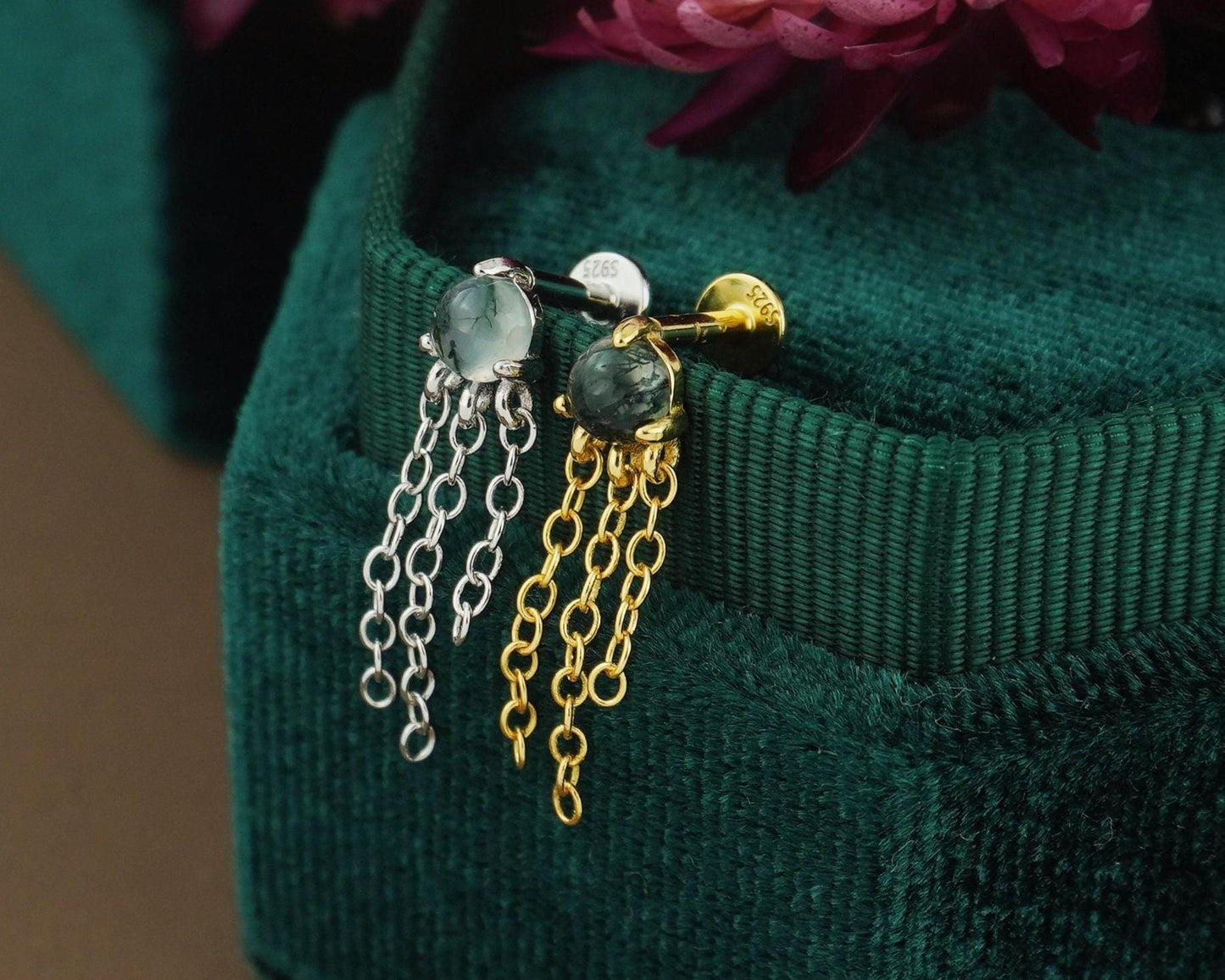 1 pc of Natural Moss Agate Cabochon with Dangly Chains, Flat Back Stud Earring in Sterling Silver /Plated Gold