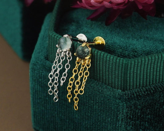 1 pc of Natural Moss Agate Cabochon with Dangly Chains, Flat Back Stud Earring in Sterling Silver /Plated Gold