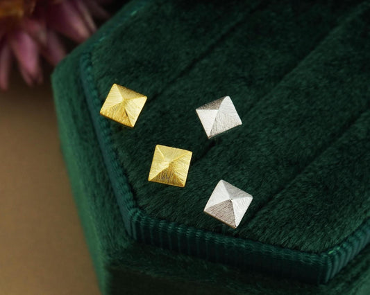 Pair of Sterling Silver Textured Pyramid Rivet Stud Earrings in Rhodium or 14ct Gold Plated