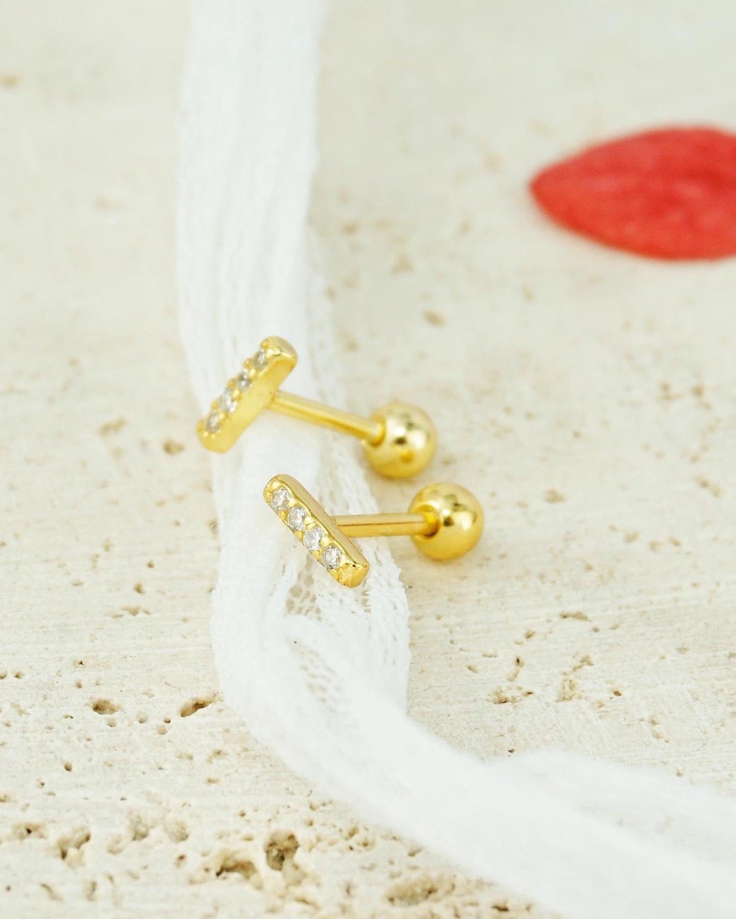 Pair of VERY TINY Paved Bar Sterling Silver Stud Earrings in Silver or Plated Gold, Sparkly CZ Stones, Simple Screw Ball Back