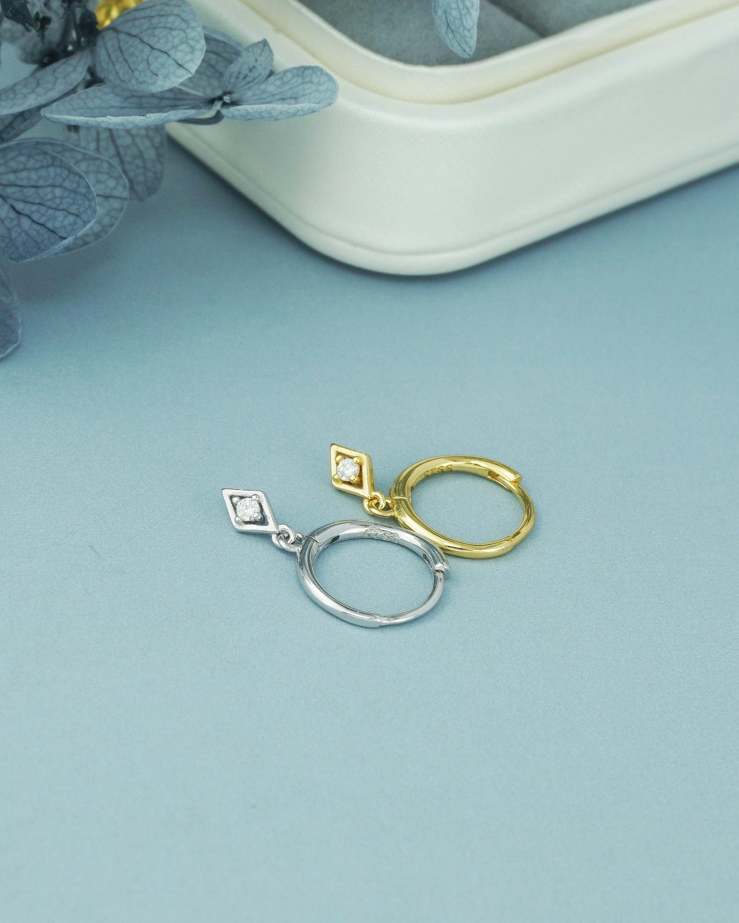 Pair of Tiny Dangle Diamond Shaped Charm CZ Huggie Hoop Earrings in 925 Sterling Silver or Plated Gold