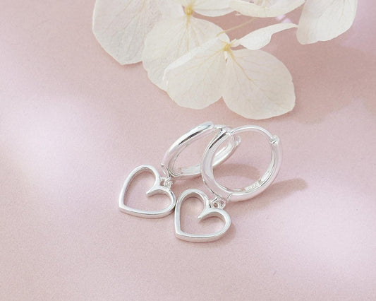 Pair of Sterling Silver Open Heart Dangly Charm Huggie Hoop Earrings