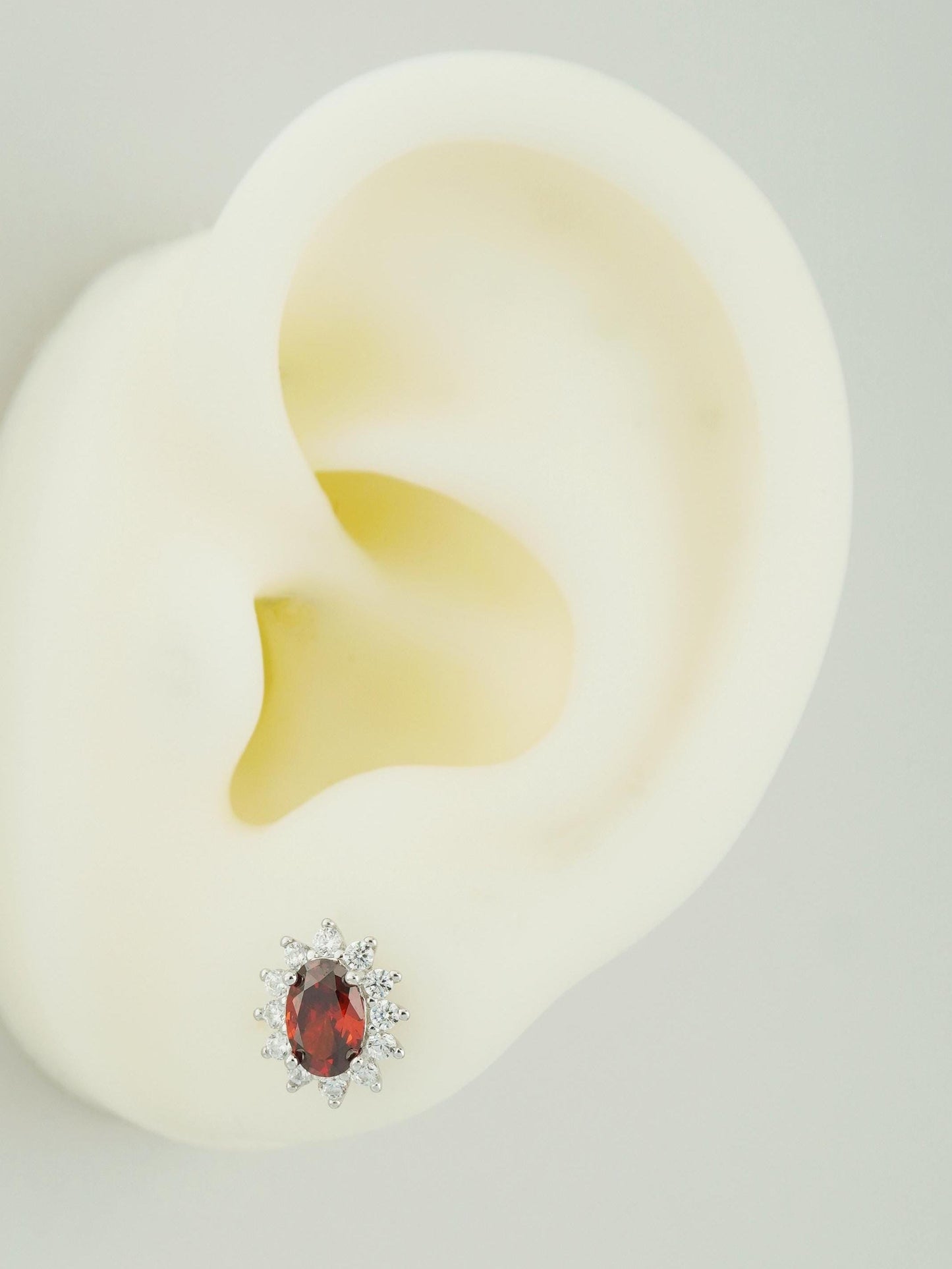 Pair of Halo Oval Red CZ Stud Earrings in 18ct Gold Plated or Sterling Silver