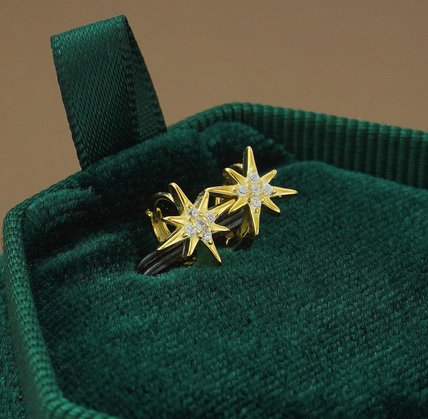 Pair of Tiny Starburst Huggie Hoop Earrings in Sterling Silver or Plated Gold, Sunburst CZ Crystal Cartilage Piercing