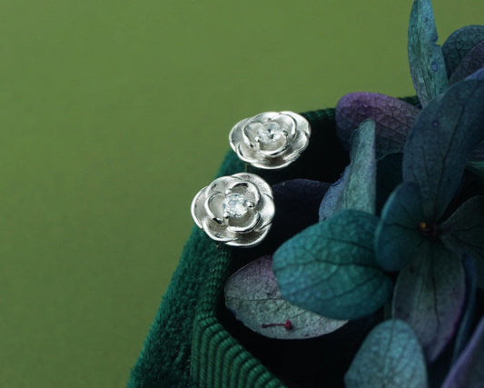 Pair of Camellia Flower Stud Earrings in Sterling Silver with CZ Crystal