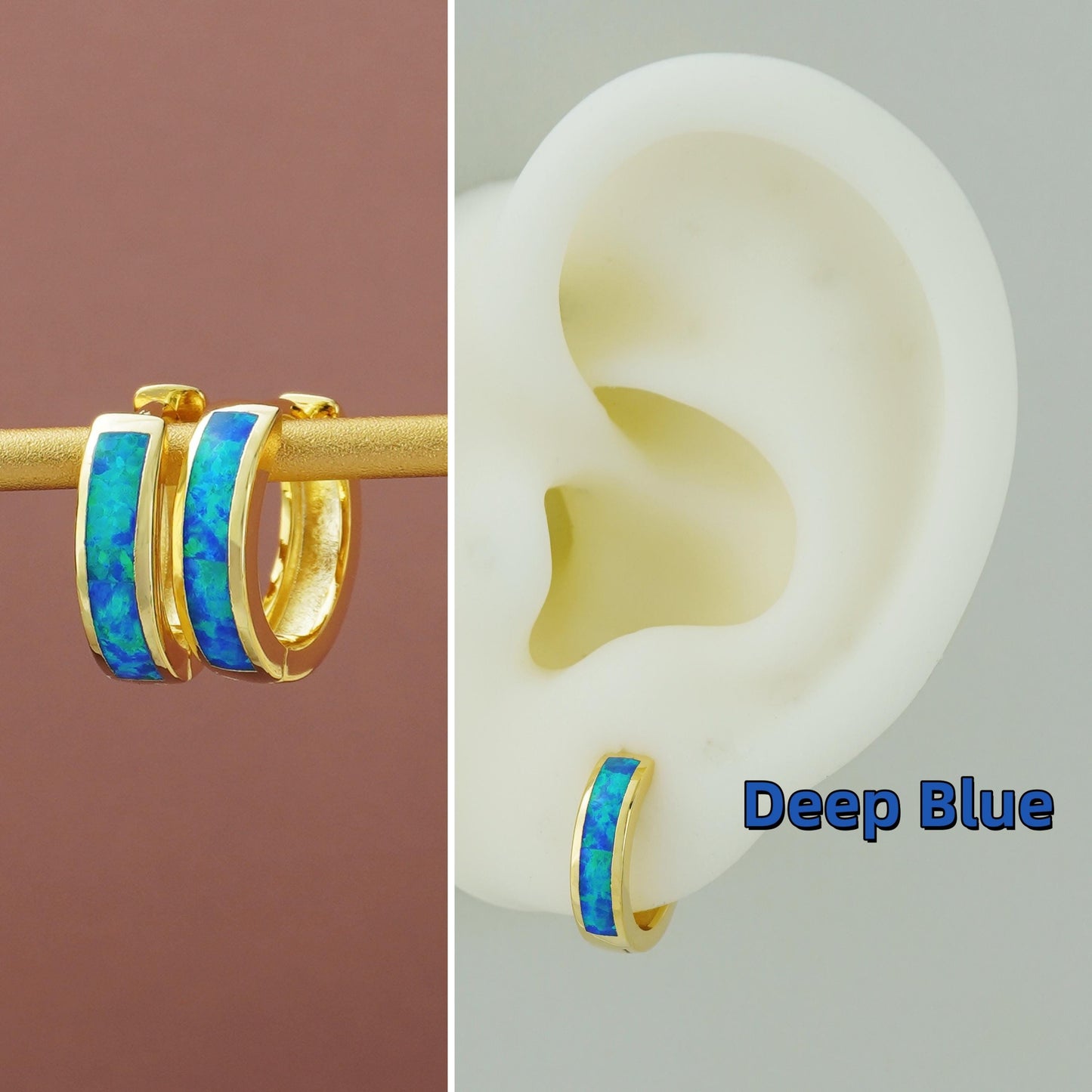 Pair of Elegant Opal Inlay Huggie Hoop Earrings in Gold Plated Brass, Purple, Blue, Green or White Stone