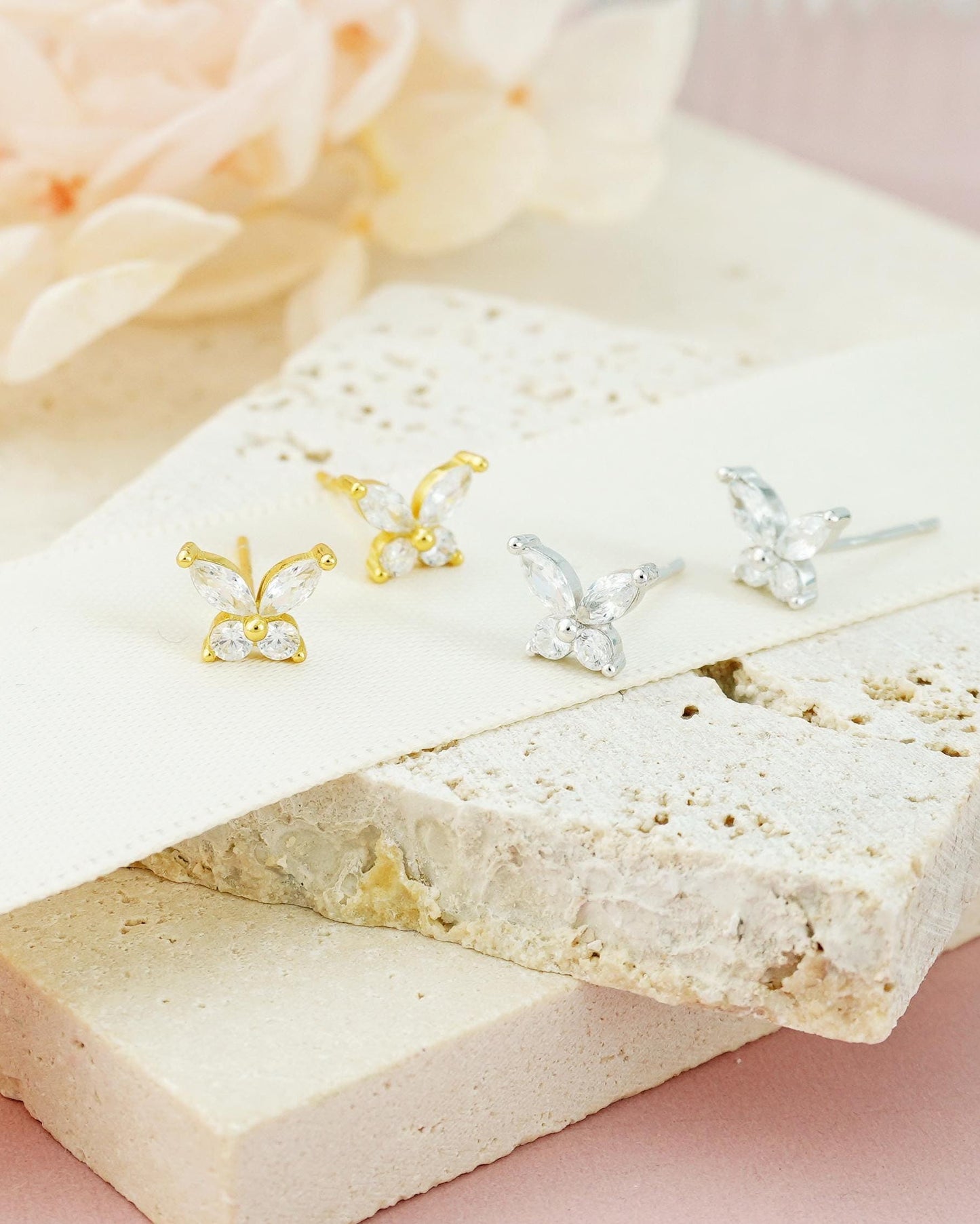 Pair of CZ Butterfly Stud Earrings in Sterling Silver or Gold Plated, Marquise Gem Nature Inspired Jewelry